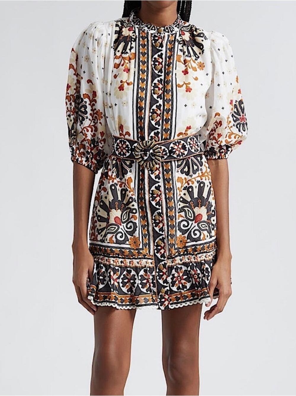 NEW FARM Rio Flower Fan Tapestry Mini Dress Off White Beaded Buttons Medium